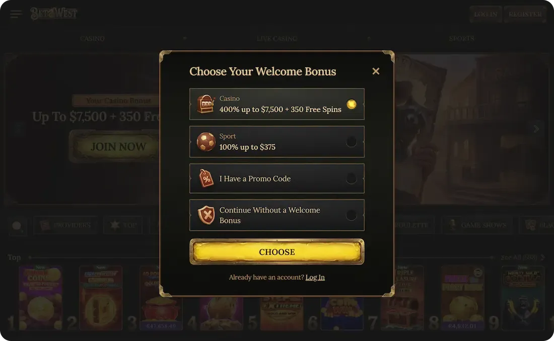 betwest casino welcome bonus